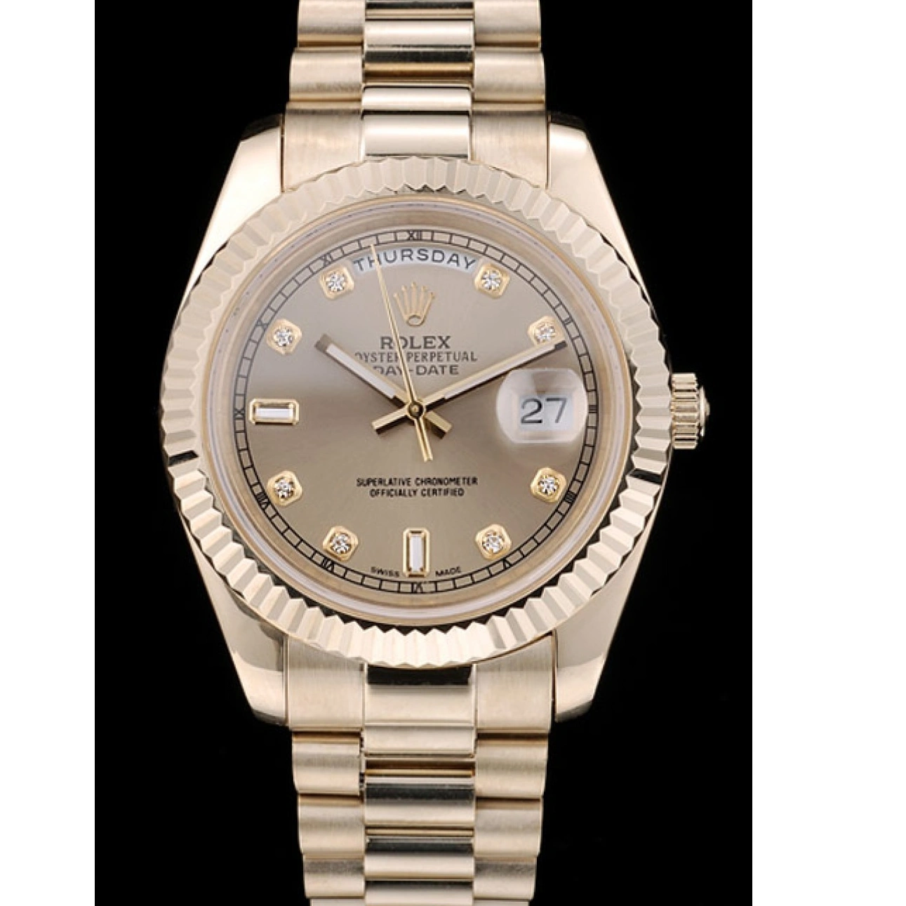 Aaa replica watch Swiss Gold Gold Ribbed DayDate Dial 41997 Rolex Stainless Steel Bezel 1028